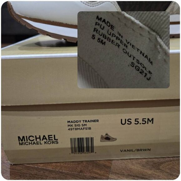 Michael Kors Maddy Vanilla/ Brown Two-Tone Logo Trainer Women's Sneakers 5.5 - Picture 13 of 13